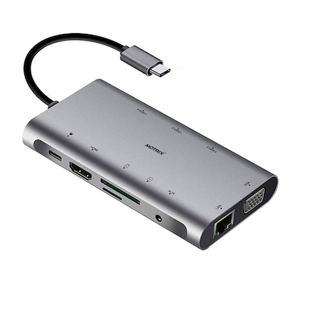 Hub adaptor Motrix® USB Type-C la 3xUSB3.0, 1xVGA, 1xGigabit Ethernet RJ45, 1xAudio Jack, 1xSD Card Reader, 1xTF Card Reader, 1xHDMI, 1xPower Delivery port
