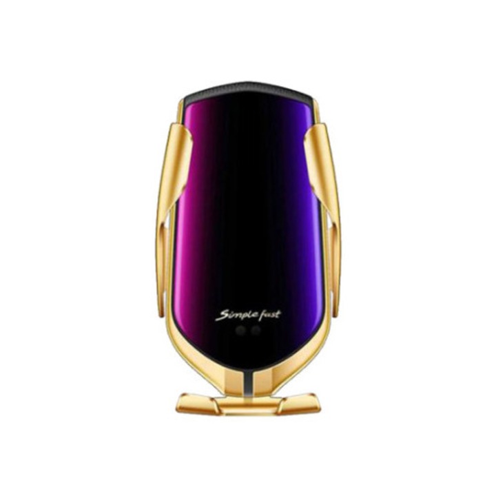 Incarcator auto wireless R1, suport telefon, cablu type C, Smart sensor, brate reglabile pentru sustinere, Auriu/Negru