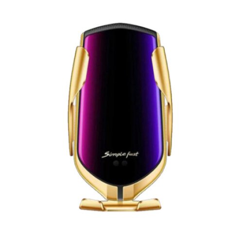 Incarcator auto wireless R1, suport telefon, cablu type C, Smart sensor, brate reglabile pentru sustinere, Auriu/Negru