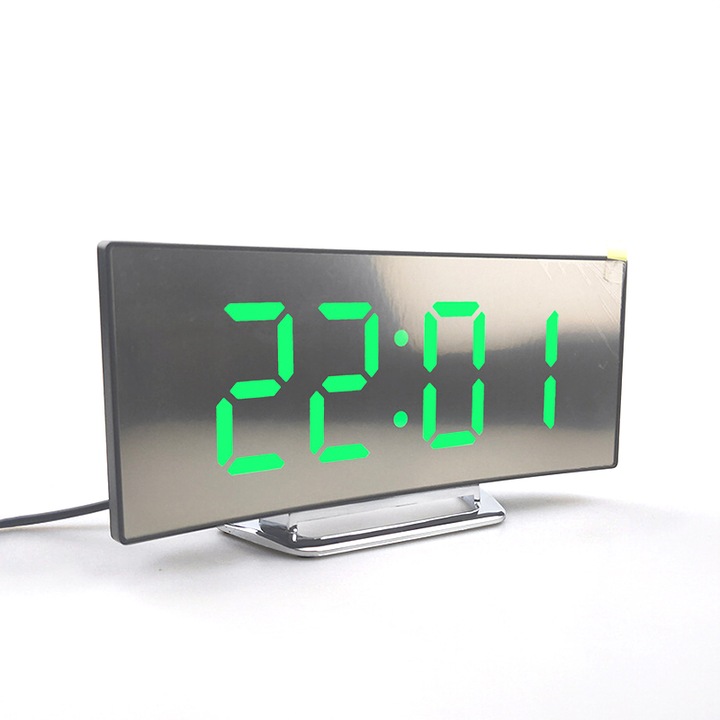 Ubitec digitális LED óra, ívelt, ébresztő funkció, nagy LCD kijelző, éjszakai / nappali mód, fekete / zöld