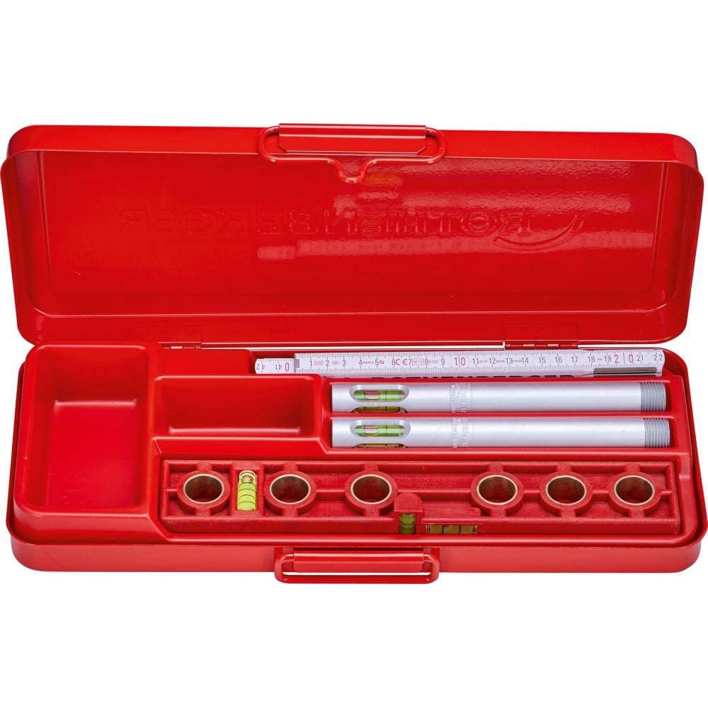 Set nivela pentru montare baterii Rothenberger ROCHECK, metru pliabil, nivela speciala robineti, nivela tubulara, valiza metalica