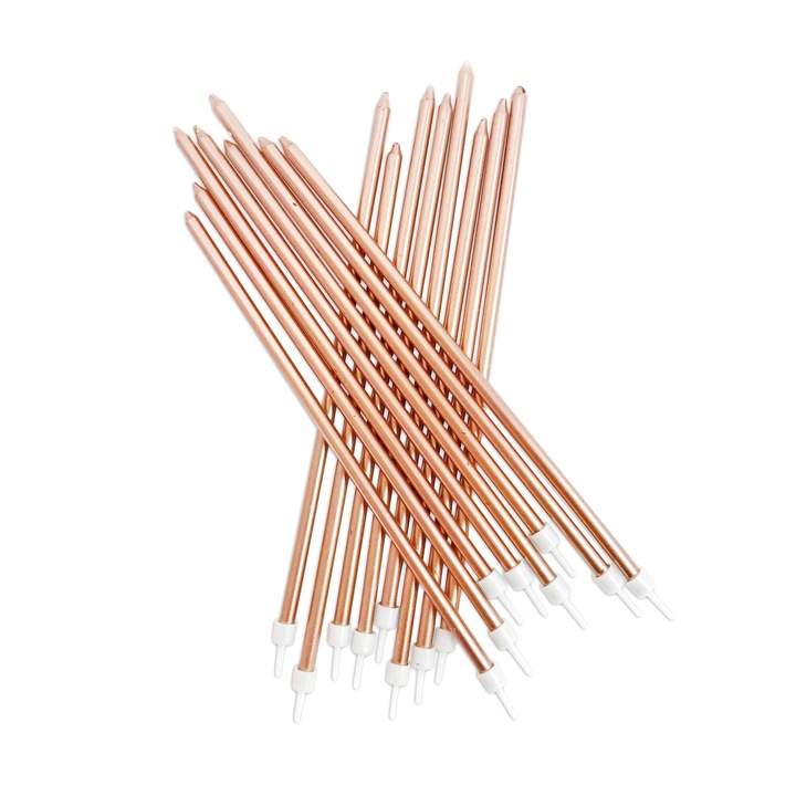 Set 12 Lumanari tort inalte Roz Auriu Metalic 18 cm cu suport