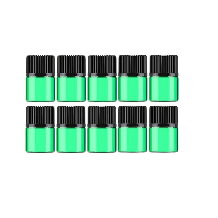 Set 10 recipiente cosmetice sticla uleiuri esentiale cu picurator si capac inchidere 2 ml verde