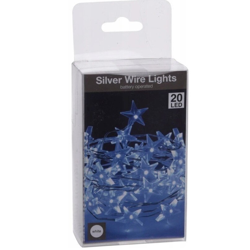 Instalatie pentru Craciun Alb Rece cu 20 LED-uri in forma de stelute, Lungime 100cm, Alimentare pe Baterii
