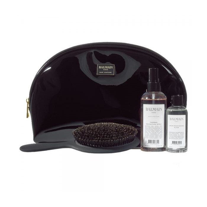 Set pentru par Balmain Professionnel Black Leather Pouch Limited Edition 1 x Spray Thermal 200ml, 1 x Ulei Argan 100ml, 1 x Perie pentru par, 1 x Geanta de cosmetice