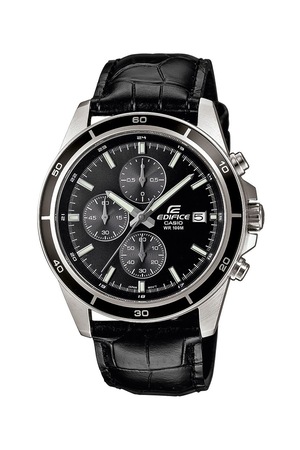 Casio, Часовник с хронограф и кожена каишка, Черен