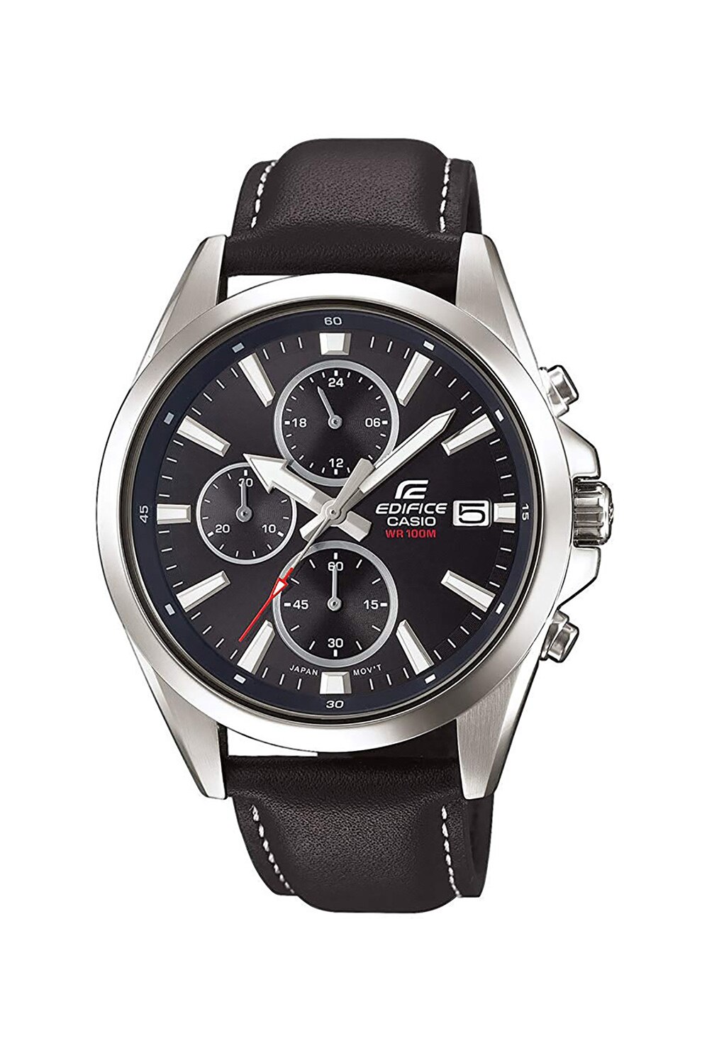 Casio, Ceas cronograf cu o curea de piele, Negru/Argintiu