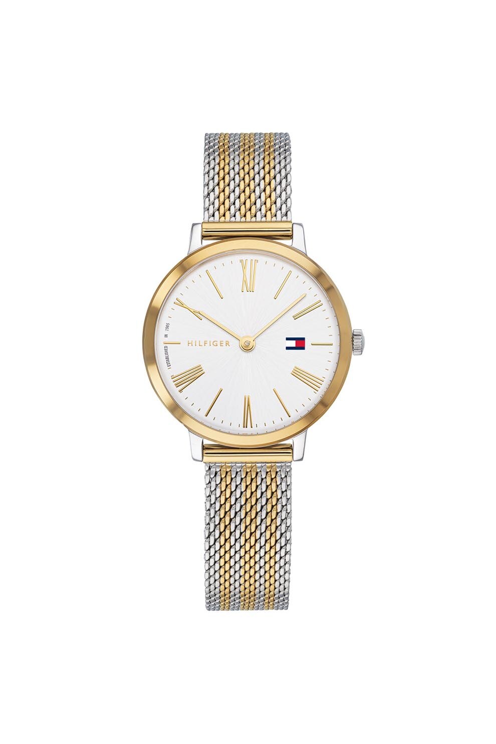 Tommy Hilfiger, Ceas quartz cu bratara cu model tip plasa din otel inoxidabil, Auriu/Argintiu