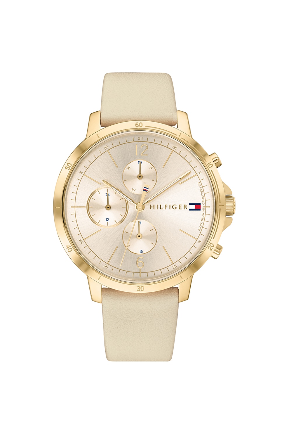 Tommy Hilfiger, Ceas quartz cu o curea din piele, Crem/Auriu