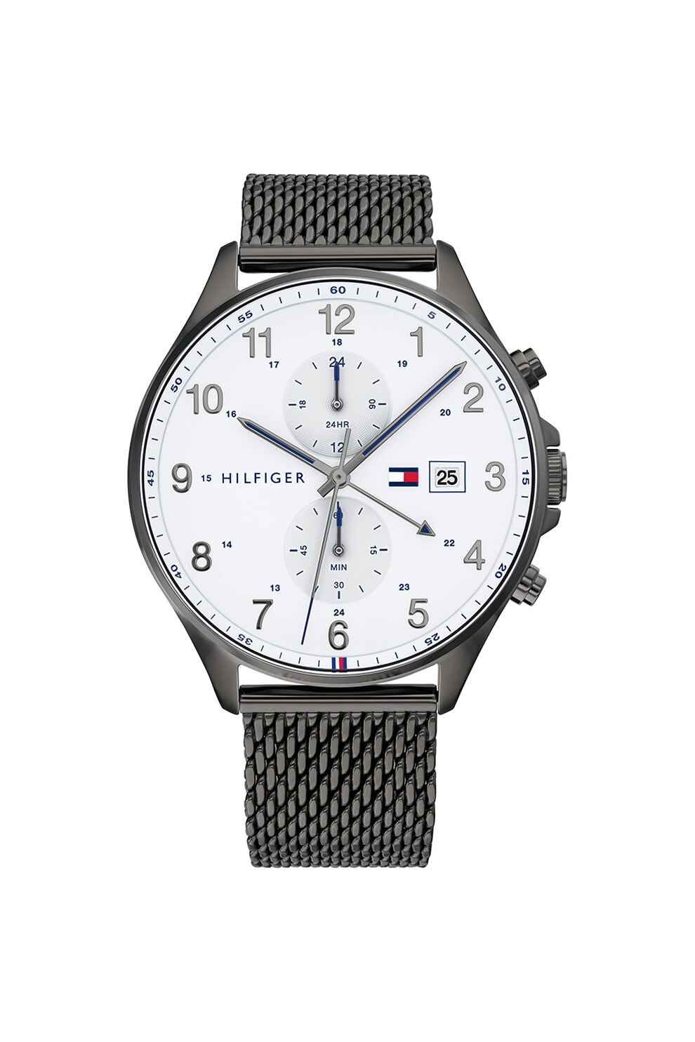 Tommy Hilfiger, Ceas cu functii multiple si bratara cu model plasa, Gri hematit