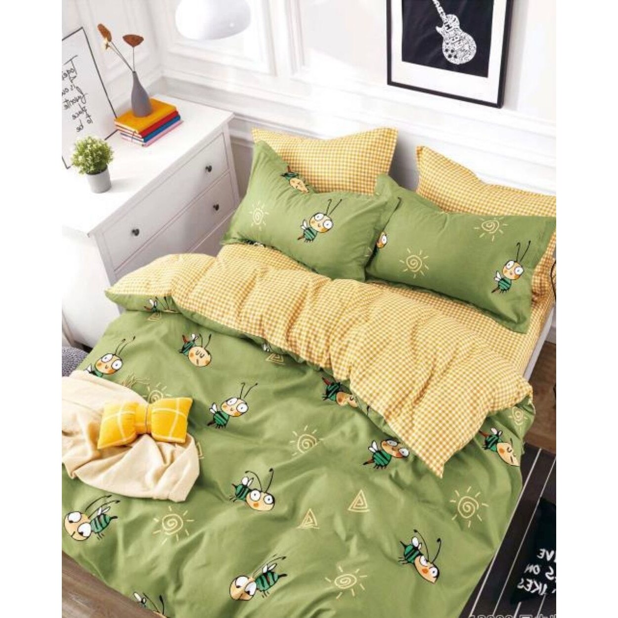 Lenjerie de Pat din Finet cu 2 Fete, 6 Piese, Pat 2 Persoane, Green Bees