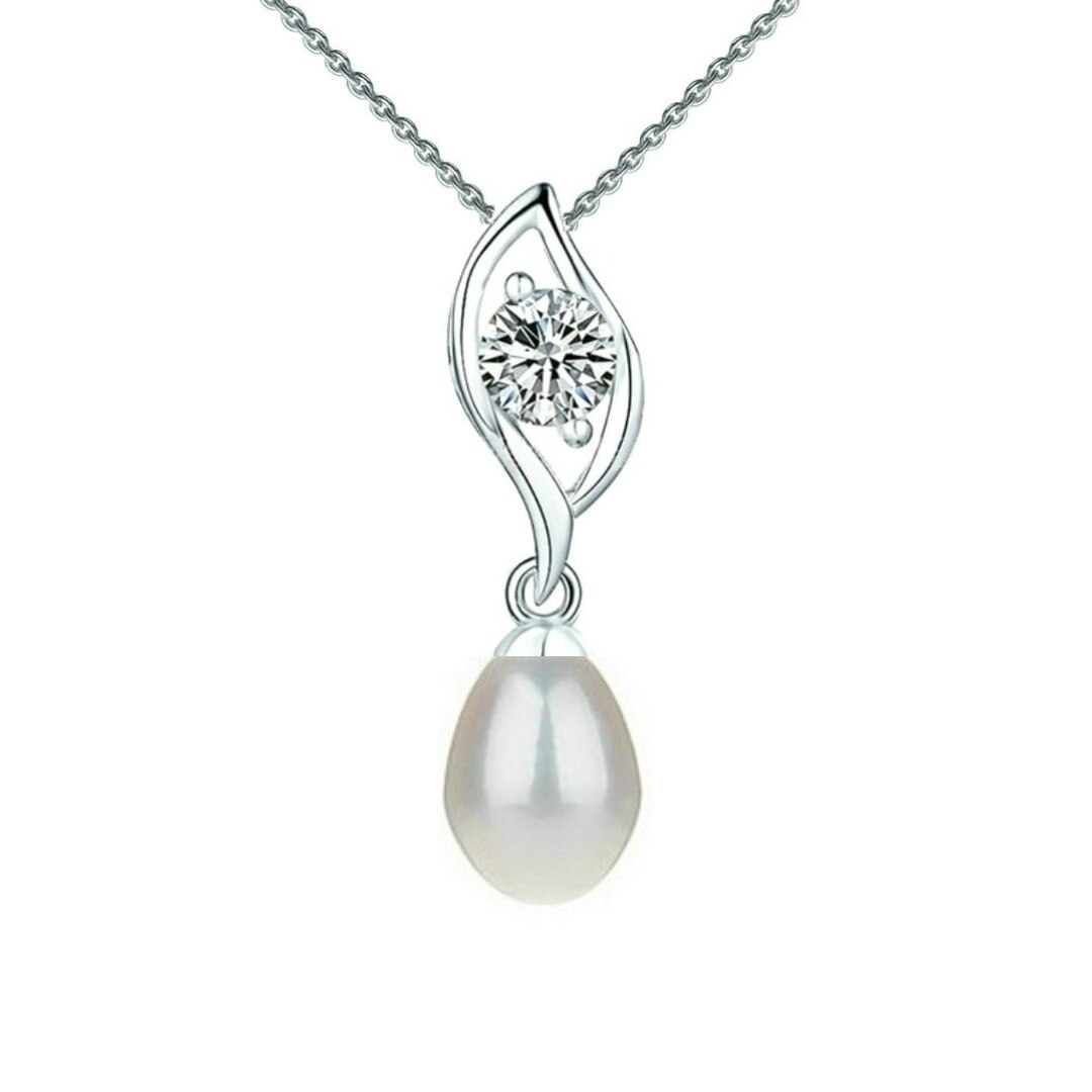 Colier Argint cu Pandantiv Argint cu Zirconia si Perla Naturala Teardrop Alba