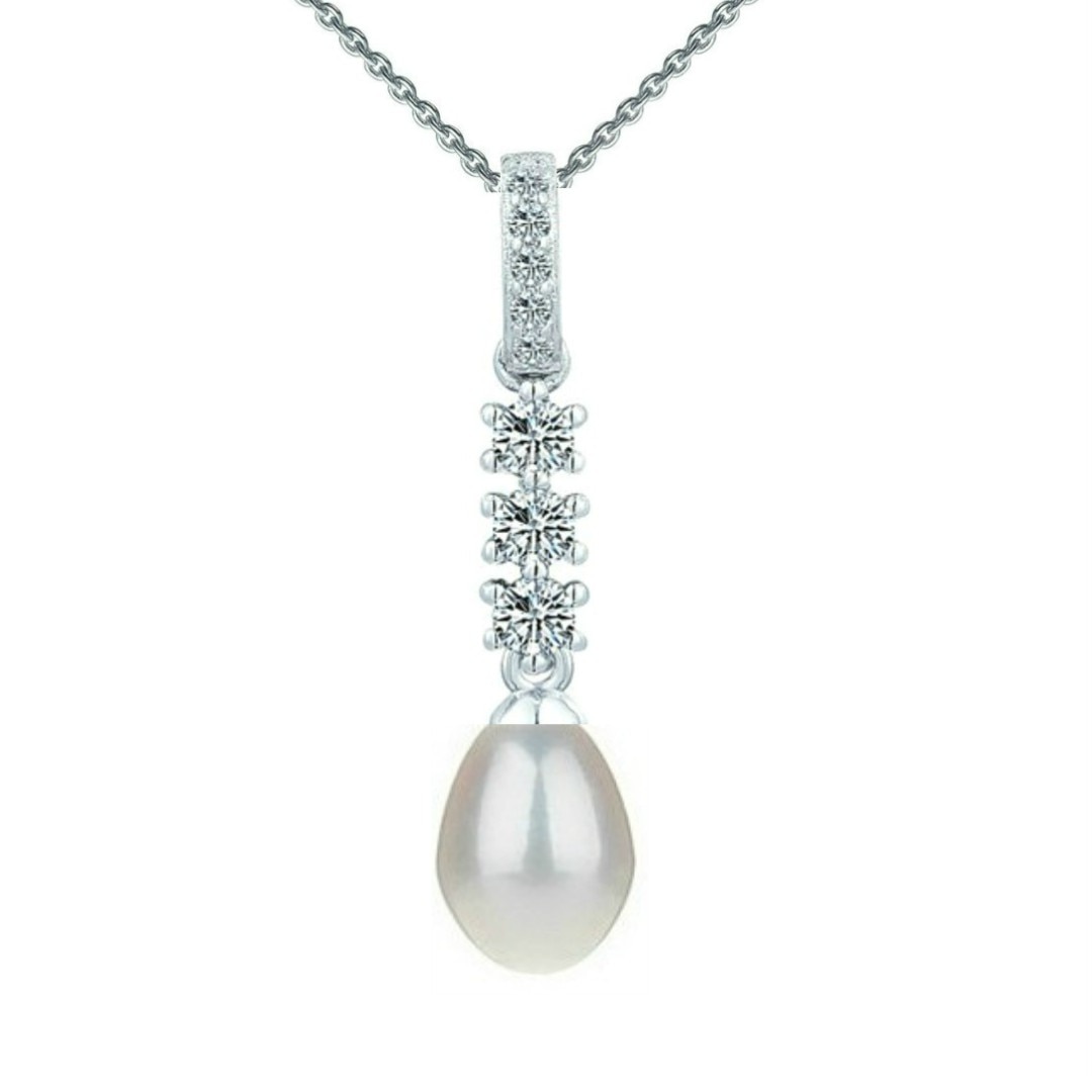 Colier Argint cu Pandantiv Argint, Pavat cu Zirconii si Perla Naturala Teardrop Alba