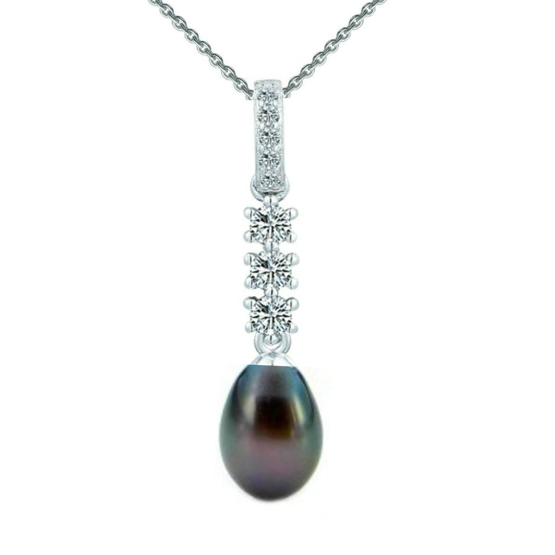 Colier Argint cu Pandantiv Argint, Pavat cu Zirconii si Perla Naturala Teardrop Neagra