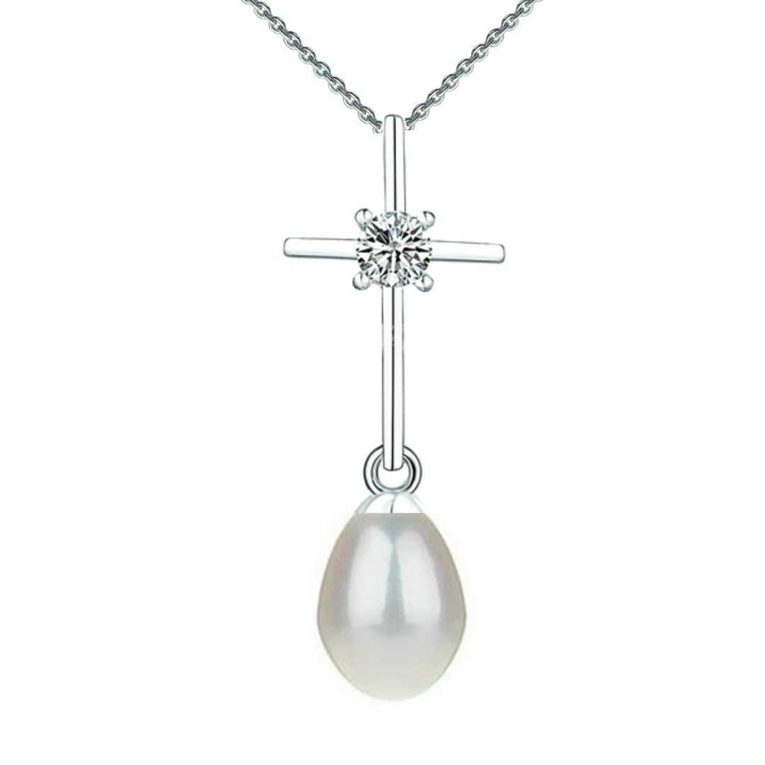 Colier Argint cu Pandantiv Argint Crucifix cu Zirconia si Perla Naturala Teardrop Alba