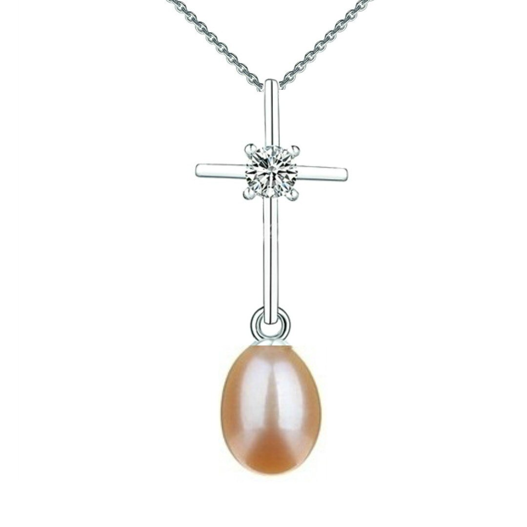 Colier Argint cu Pandantiv Argint Crucifix cu Zirconia si Perla Naturala Teardrop Crem