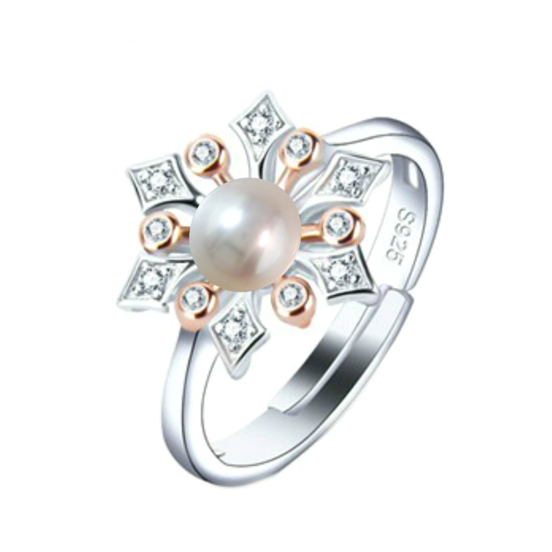 Inel Reglabil din Argint, cu 12 Zirconii si Perla Naturala Alba