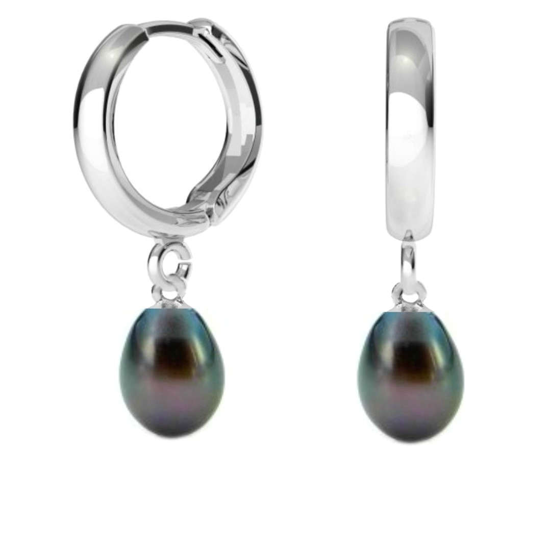 Cercei Tip Creole din Argint si Perle Naturale Teardrops Negre