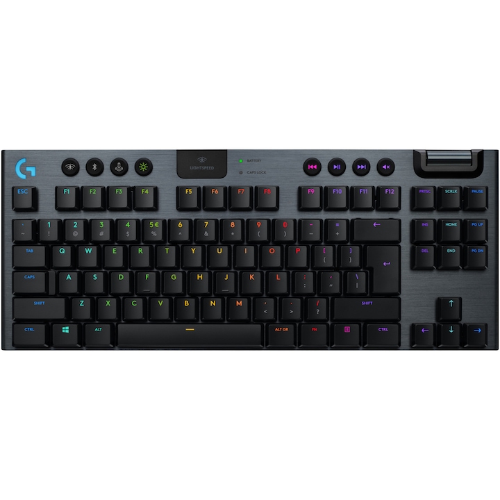 Клавиатура Gaming Logitech G915 TKL, Механична, Безжична, Ultraslim, Lightspeed Wireless & Bluetooth, Lightsync RGB, Switch Tactil, Black Carbon