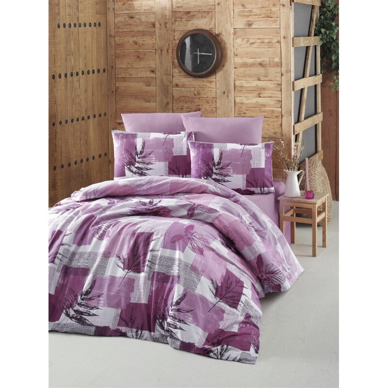 Set de lenjerie de pat dubla, din bumbac 100% , cu doua fete de perna de 50x70cm, model Leaf Pink