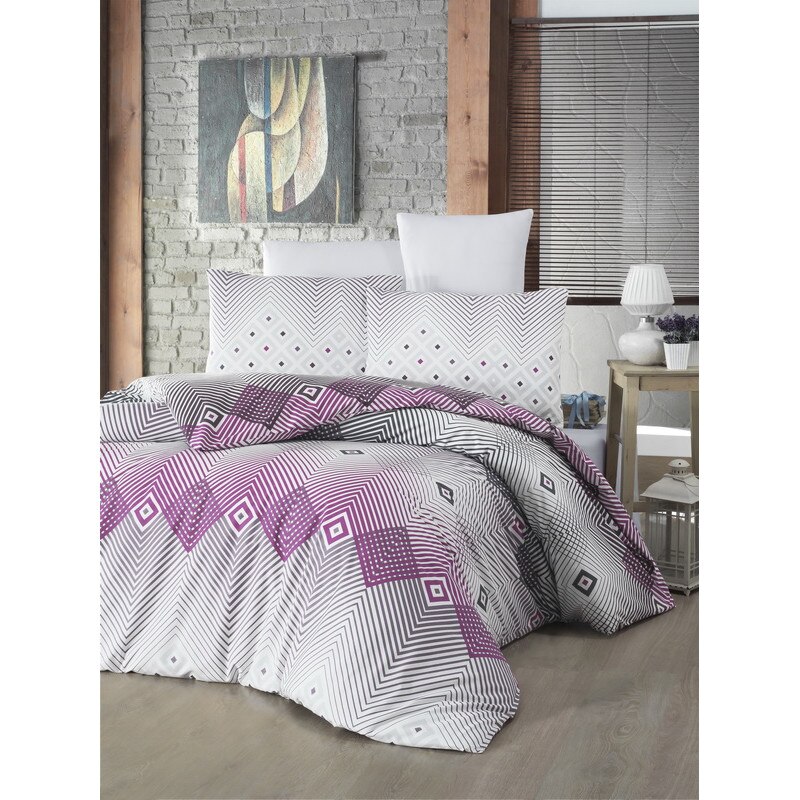 Set de lenjerie de pat dubla, din bumbac 100% , cu doua fete de perna de 50x70cm, model Adriana Lilac