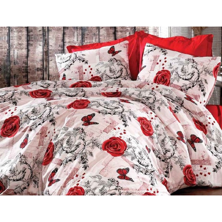 Спално бельо, памук ранфорс, червени пеперуди, 2 лица, 70X70, 180X200