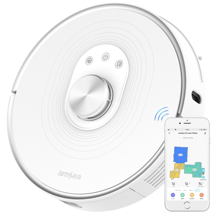 Aspirator robot amXea L8 Alb, 1900-2700Pa, navigare laser LDS, smart memory, Wi-Fi app, multi-suprafete, curatare umeda si uscata, senzor distanta si perete, senzori anti-cadere si anti-coliziune