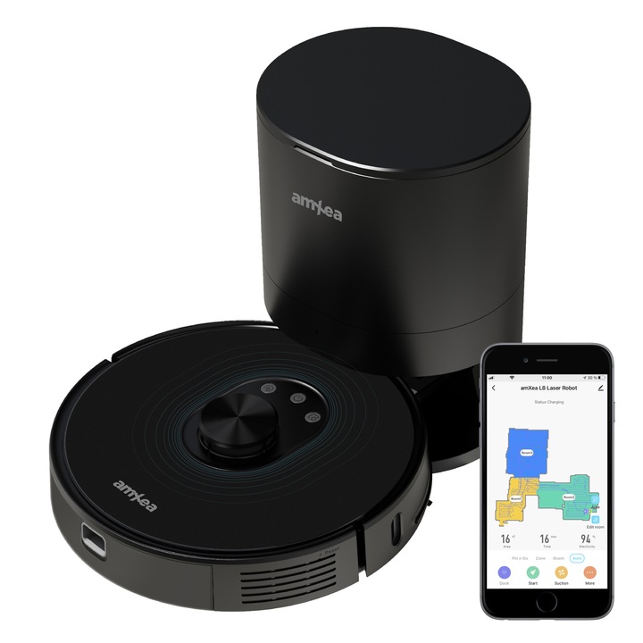 Aspirator robot amXea L8+ Negru, colector de praf automat extern, 1900-2700Pa, navigare laser LDS, smart memory, Wi-Fi app, multi-suprafete, curatare umeda si uscata, senzor distanta perete, senzori anti-cadere si anti-coliziune