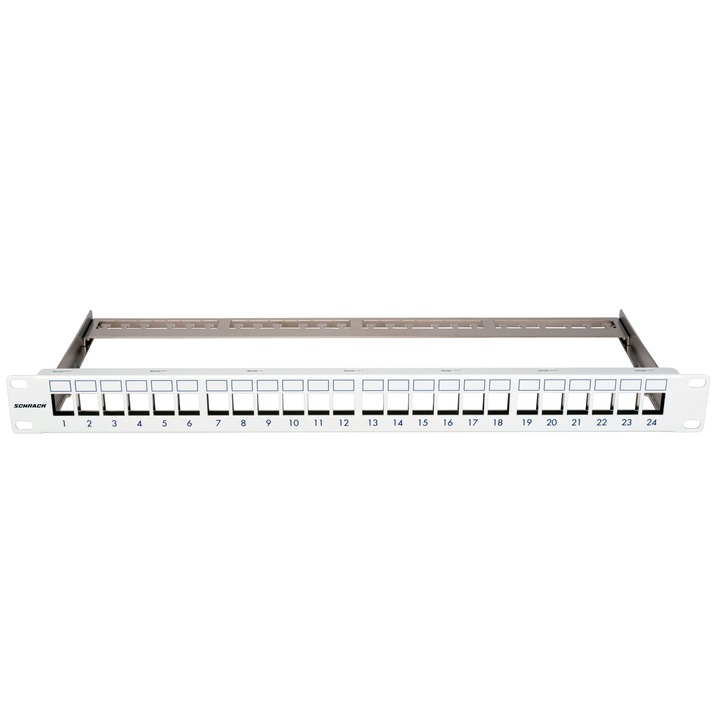 Patch panel 24 TOOLLESS LINE modulhoz, Schrack, rackbe helyezhető, 1UH, 19", RAL7035