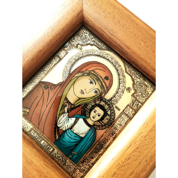 Icoana pictata pe sticla, Maica Domnului din Kazan cu pruncul Iisus , 12x11 cm