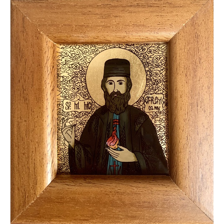 Icoana pictata manual pe sticla , Sfantul Efrem cel Nou, Sf Efrem, 12x11 cm