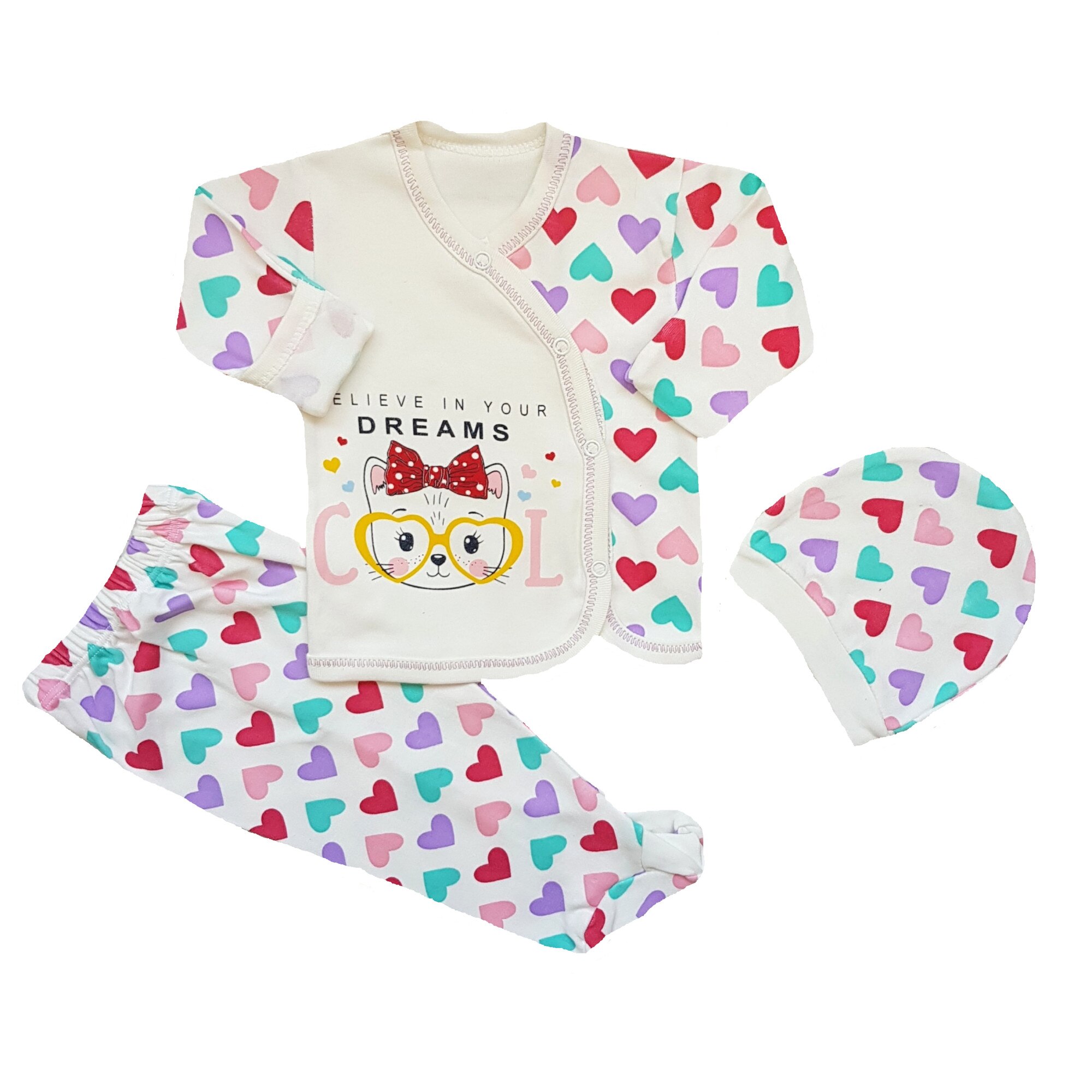 Compleu nou-nascut 3 piese de bumbac, inimioare, 56 cm, Multicolor