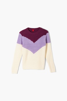 s.Oliver, Pulover cu decolteu la baza gatului si segmente contrastante, Violet/Alb, 134-140 CM s.Oliver, Pulover cu decolteu la baza gatului si segmente contrastante, Violet/Alb, 134-140 CM