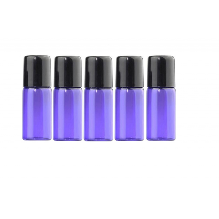 Set 5 recipiente cosmetice sticlute roll-on 2 ml DROPY®, pentru uleiuri esentiale, tincturi, parfumuri, albastru