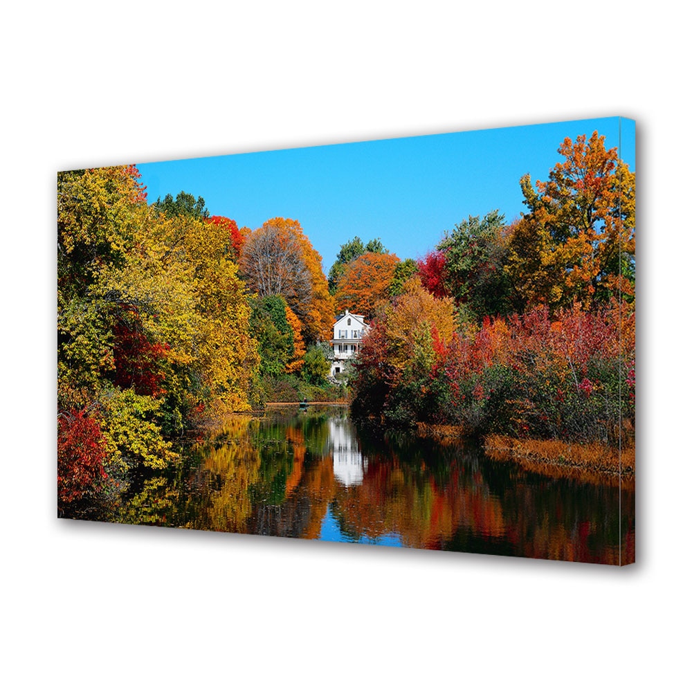 Tablou Canvas Luminos in intuneric VarioView LED, Toamna, Casa alba cu vedere spre lac, 40 x 60 cm