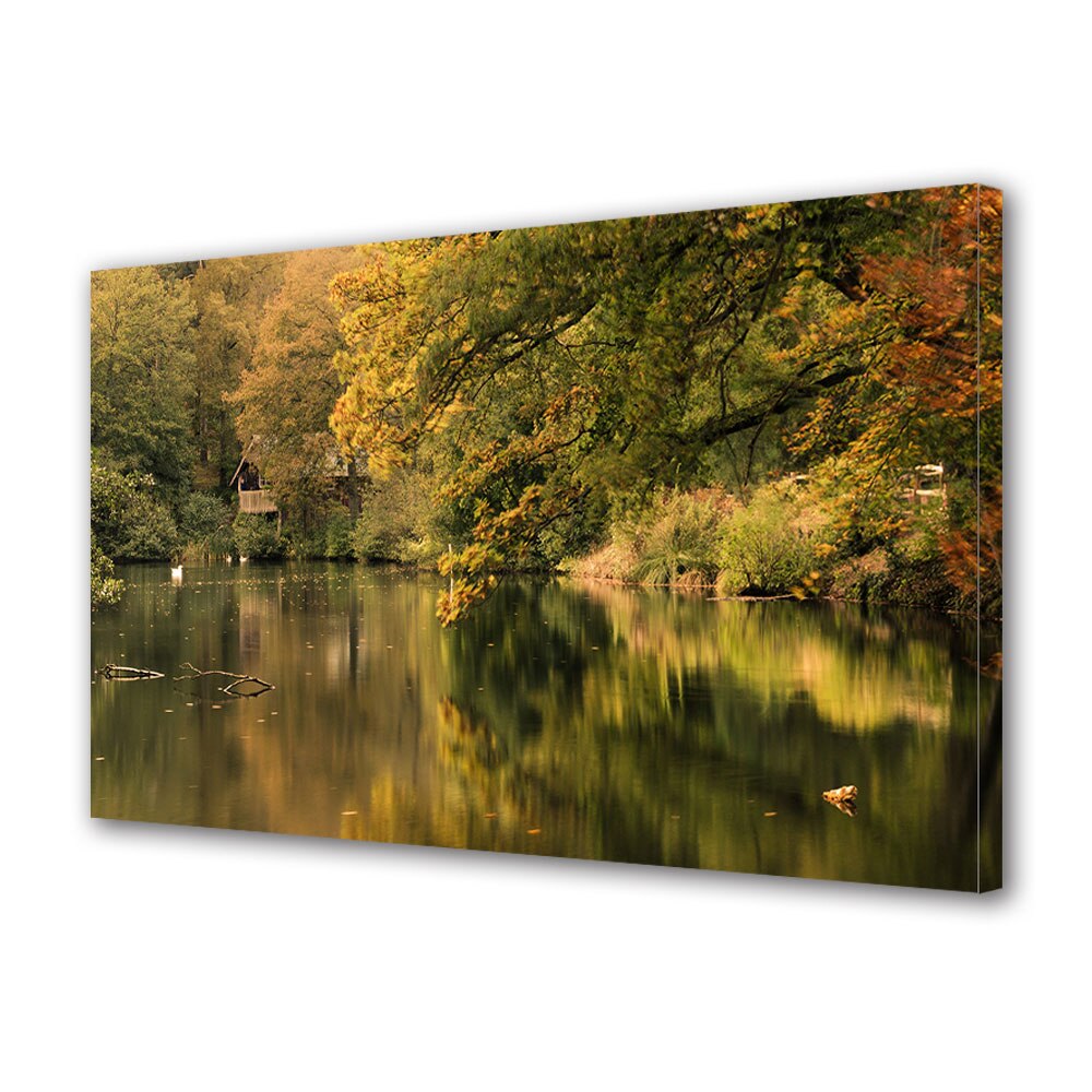 Tablou Canvas Luminos in intuneric VarioView LED, Toamna, Cabana ascunsa pe malul lacului, 30 x 45 cm