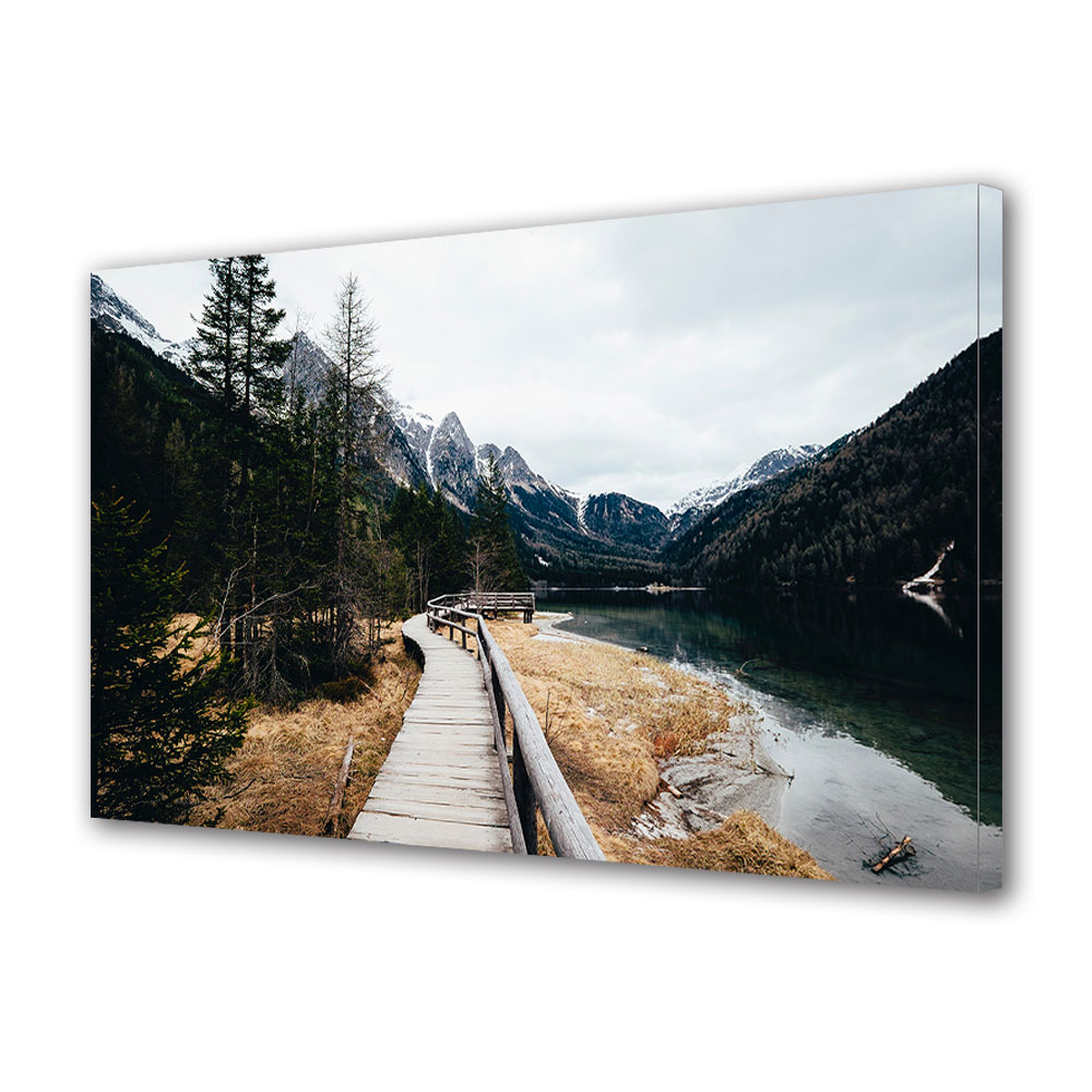 Tablou Canvas Luminos in intuneric VarioView LED, Toamna, Drum de lemn pe langa lac, 40 x 60 cm