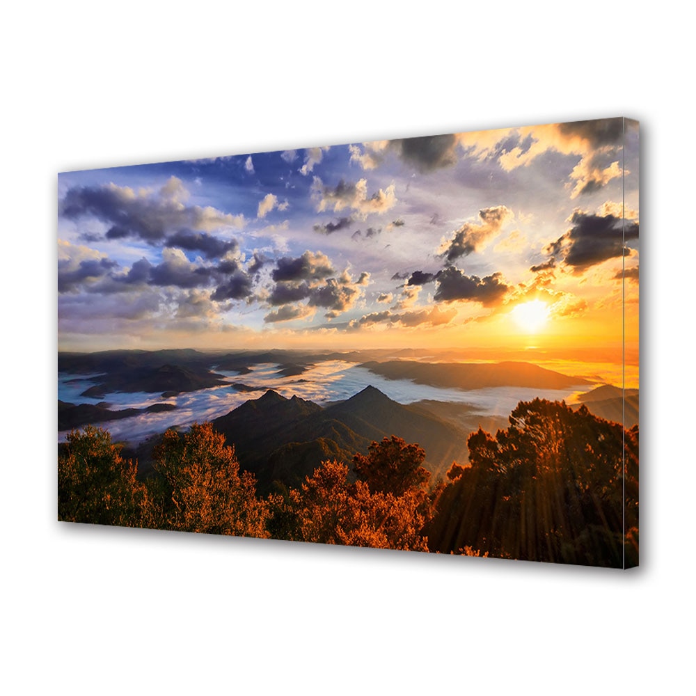 Tablou Canvas Luminos in intuneric VarioView LED, Toamna, Razele apusului peste dealuri, 30 x 45 cm