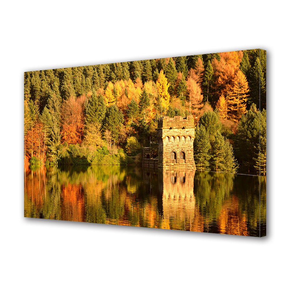 Tablou Canvas Luminos in intuneric VarioView LED, Toamna, Turn langa lac, 40 x 60 cm