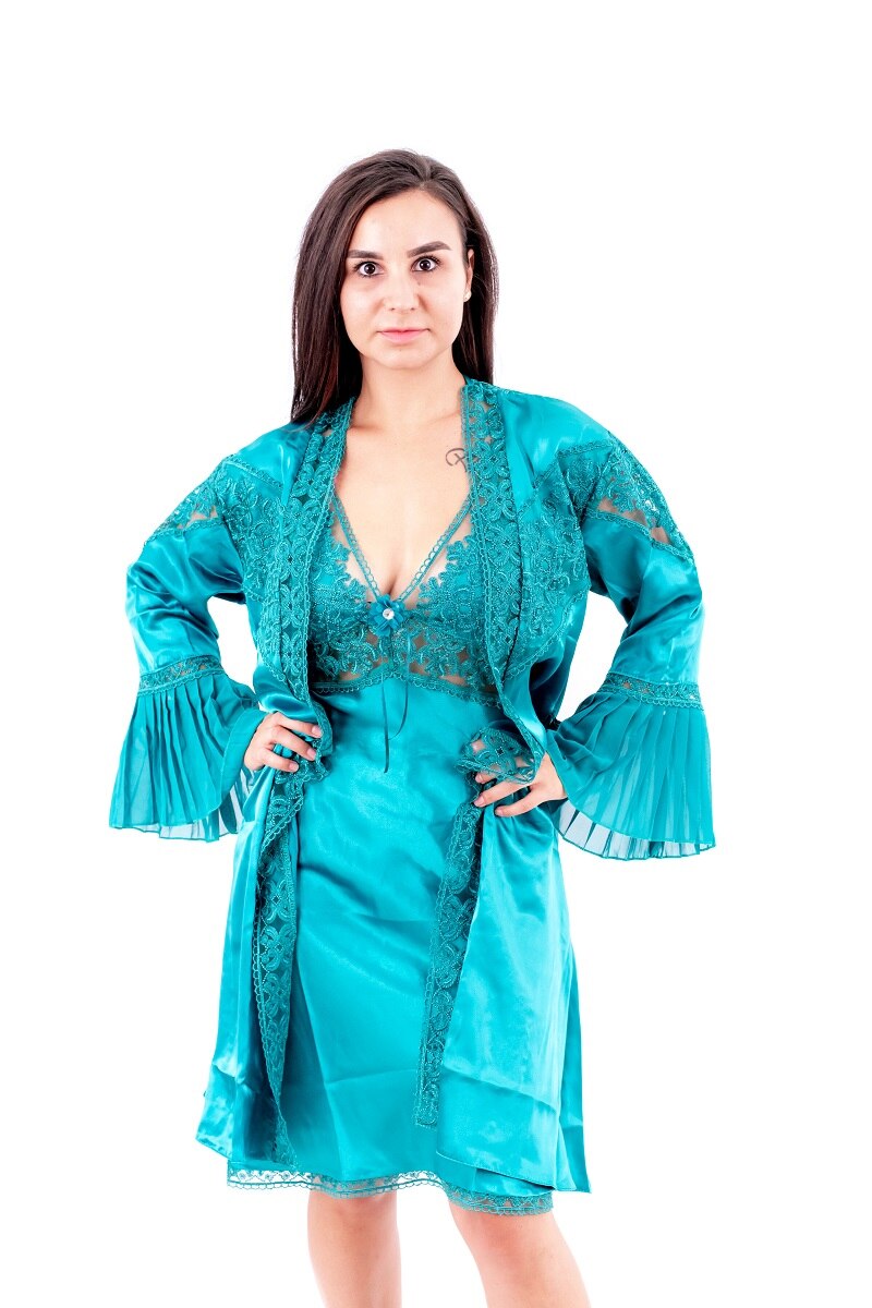 Pijama satin 1120 neglijeu si halat, Verde