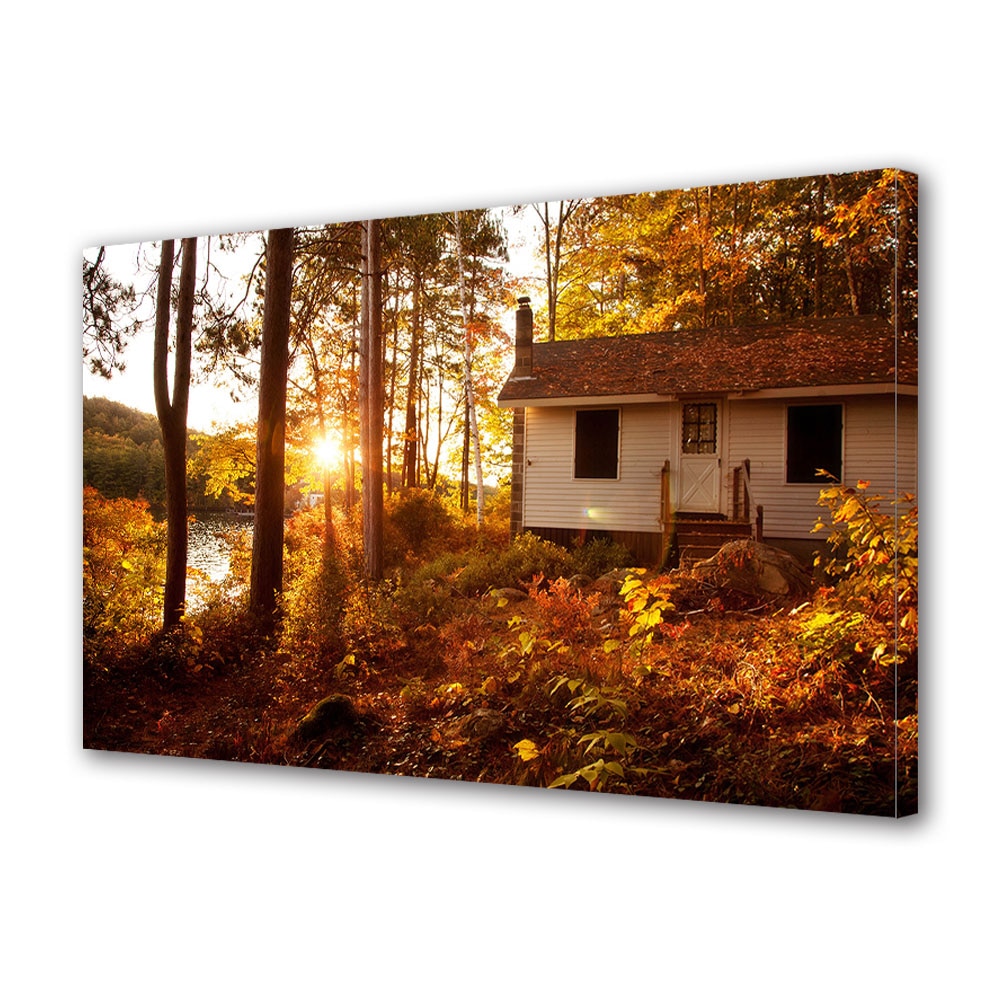 Tablou Canvas Luminos in intuneric VarioView LED, Toamna, Casuta alba langa rau, 30 x 45 cm