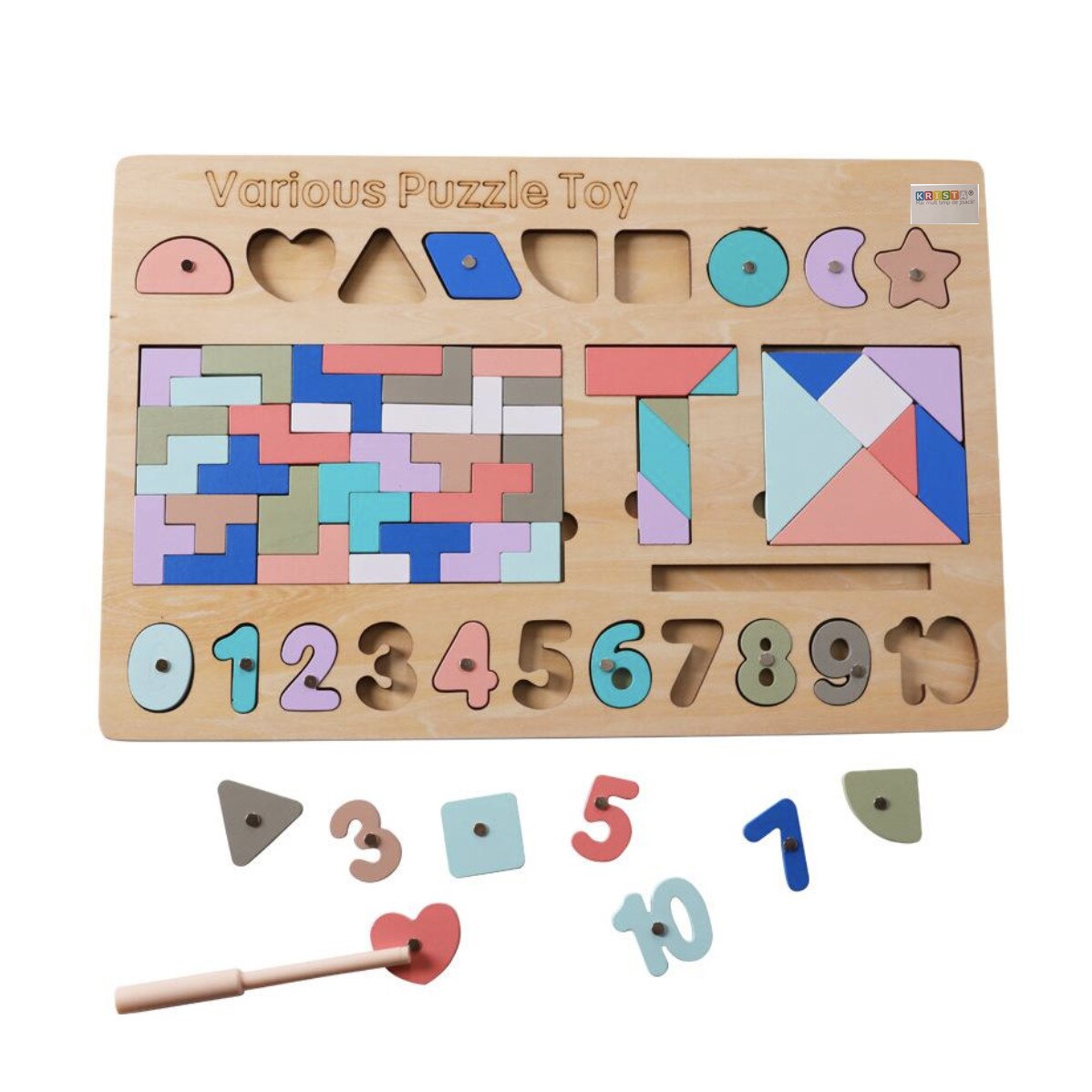 Joc Montessori 5 in 1, cu tangram, tetris si piese magnetice, din lemn - Krista®