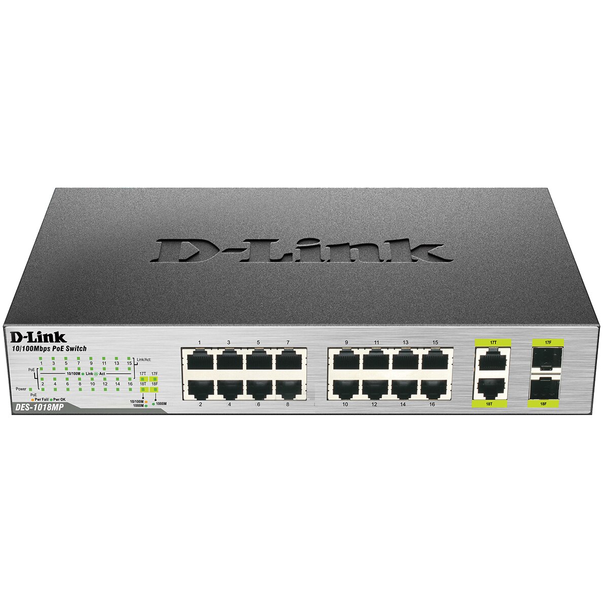 Switch D-Link DES‑1018MP, 16 x 10/100 Mbps PoE ports, 2 x 10/100/1000 BASE-T/SFP combo ports