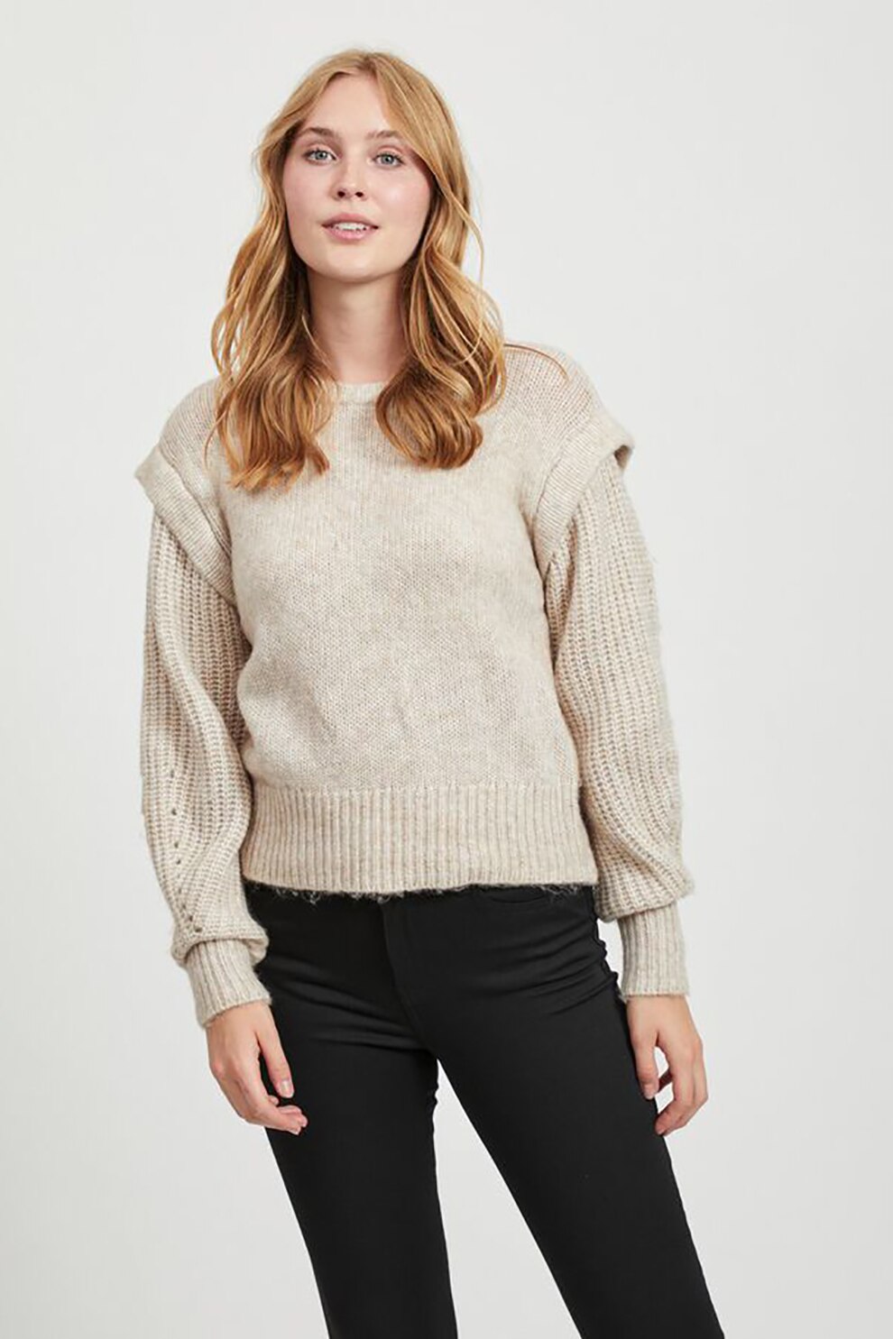 Vila, Pulover cu decolteu la baza gatului si aspect 2in1, Maro nisip