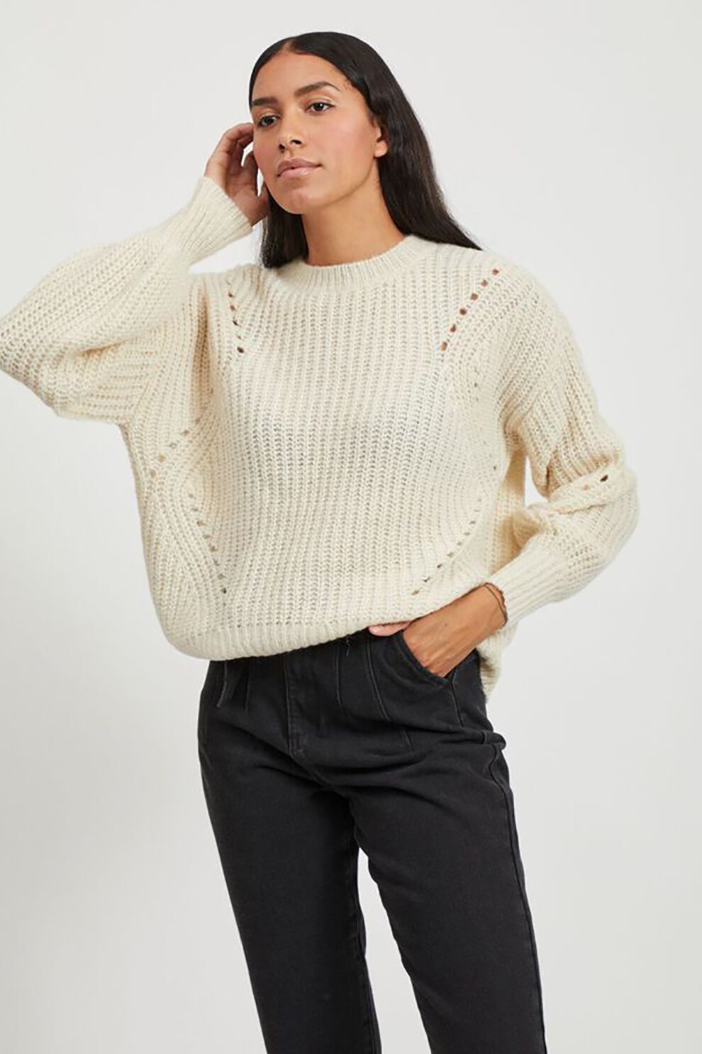 Vila, Pulover din amestec de lana cu perforatii, Crem, M