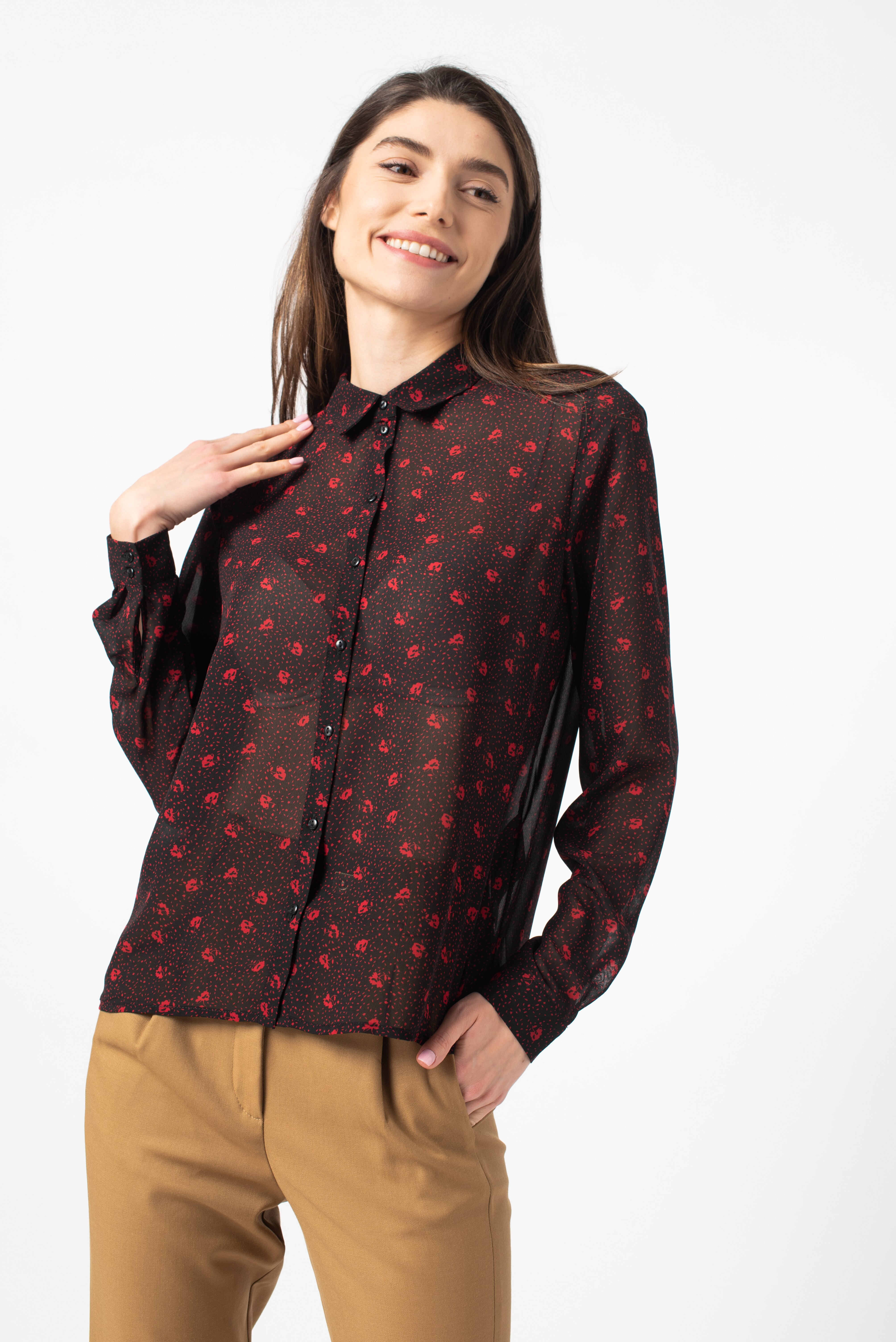 Vila, Camasa transparenta cu model floral, Maro/Rosu