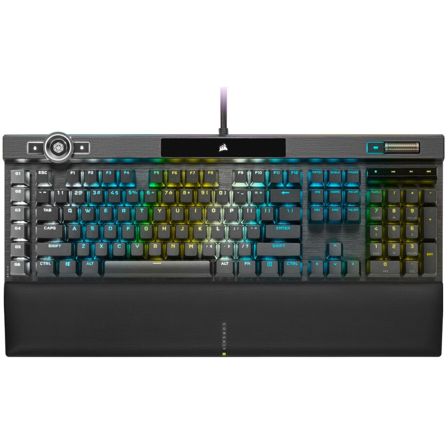 Tastatura mecanica gaming Corsair K100, iluminare RGB, switch optic-mecanic Corsair OPX Rapidfire, taste macro si multimedia, cadru aluminiu, Negru