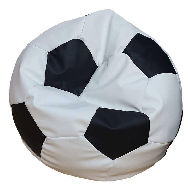 Fotoliu tip puf in forma de minge, diametrul 70 cm, piele ecologica, pentru interior/exterior, Alb/Negru