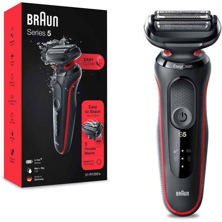 Braun Series 5 50-R1000s nedves és száraz elektromos borotva, EasyClean, 3 vágóelemmel, piros/fekete