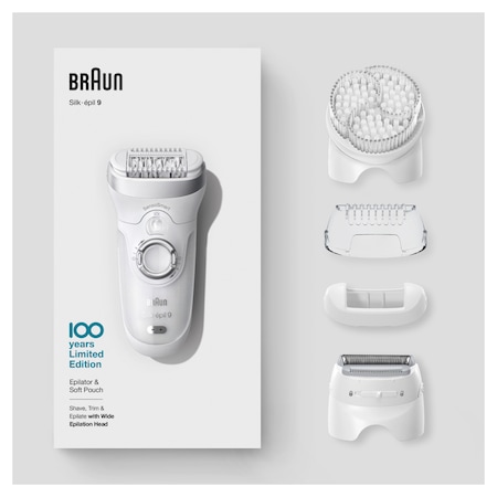 Epilator Braun Silk-épil 9 MBSES9 Max Braun 100 years Design Edition SensoSmart™, Micro-Grip, Wet & Dry, 40 pensete, 2 viteze, Perie pentru exfoliere, cap de ras, Geanta pentru voiaj, Alb